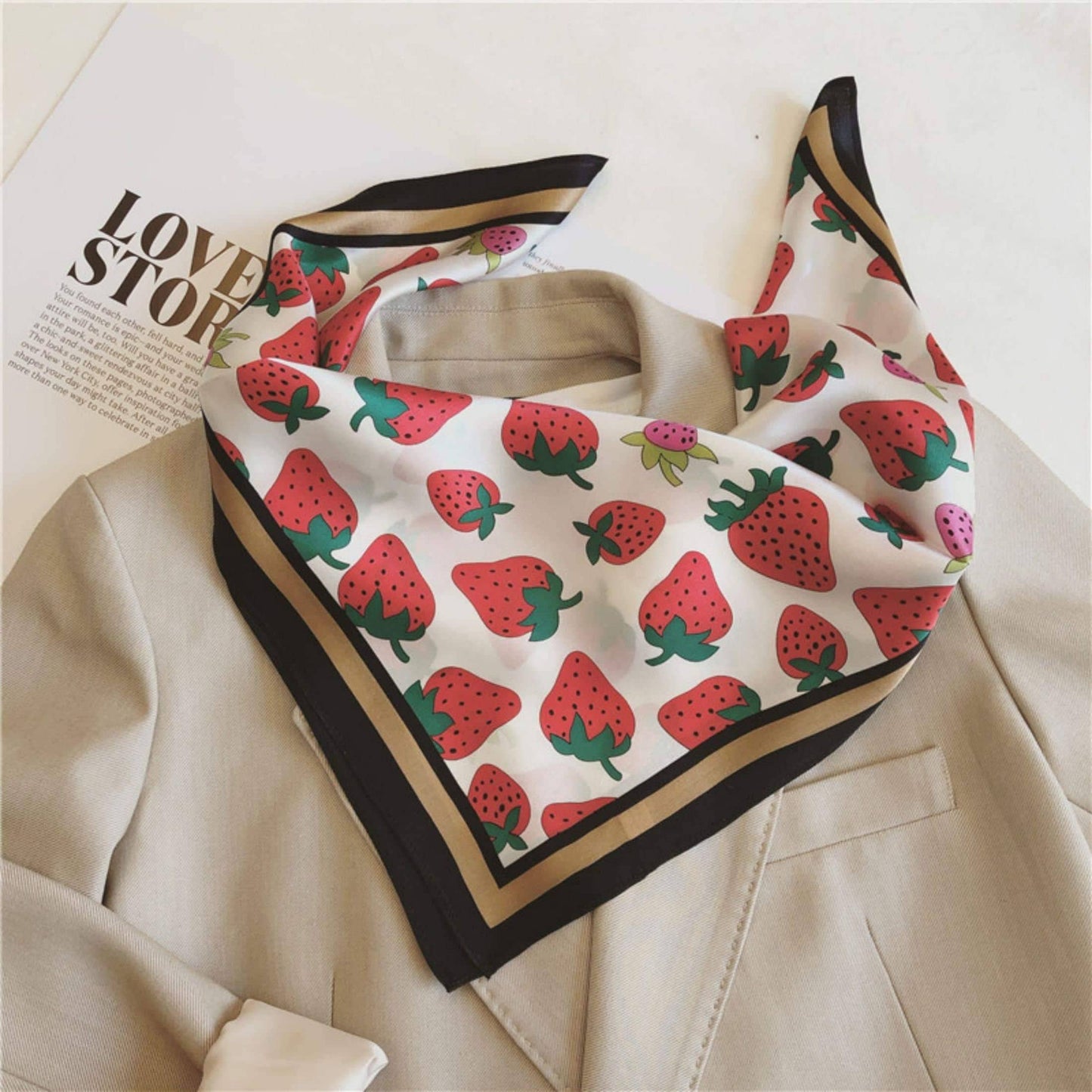 Strawberry pattern 100% mulberry Silk Scarf/Silk head scarf/Silk hair scarf/Silk neck scarf/Silk bandana/Bag Accessory/Gift for her: Khaki