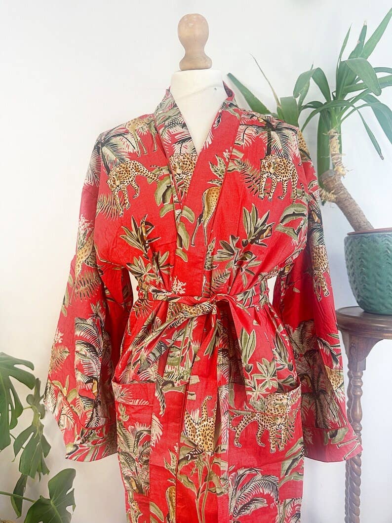 Pure Cotton Indian Blockprint House Robe Summer Dressing Kimono Gown Coverup/Comfy Maternity Royal Red Leopard Jungle Giraffe Animal Party
