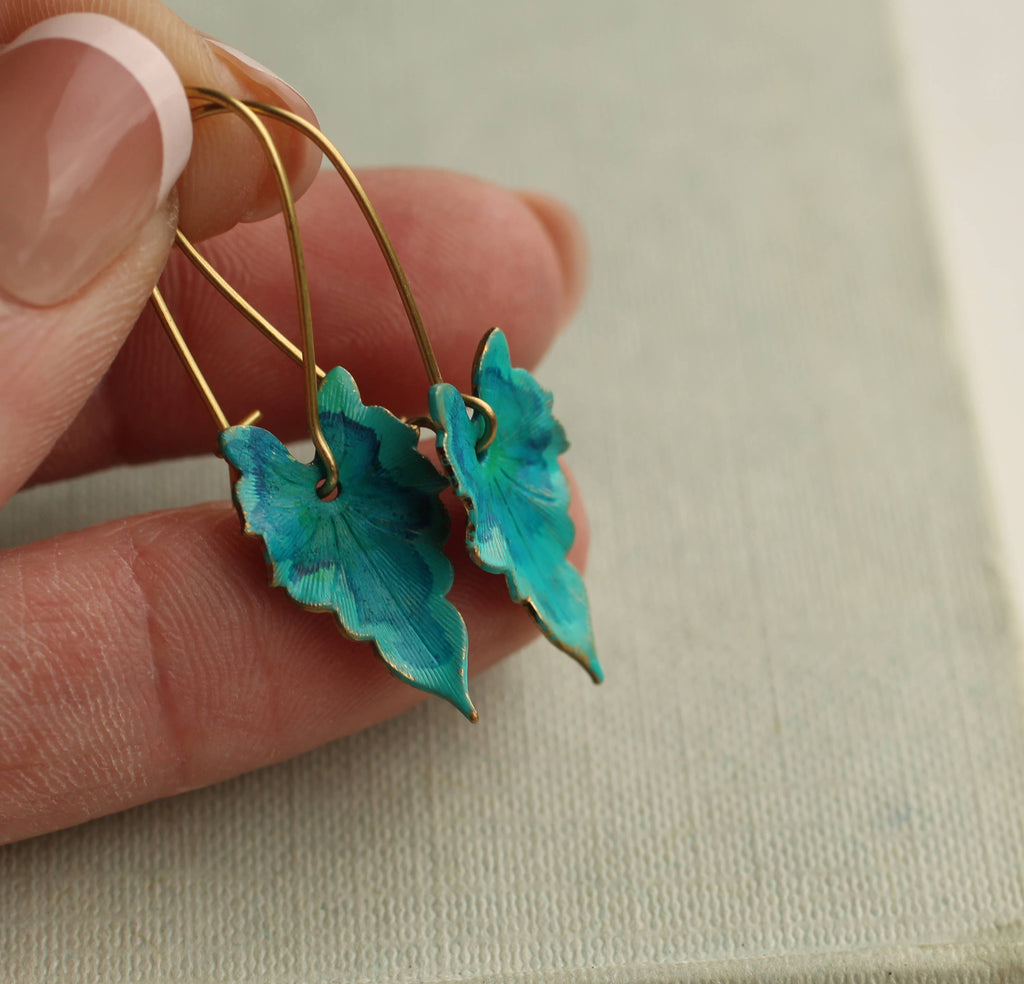 Verdigris Leaf Turquoise Green Earrings: Medium (3.5cm)