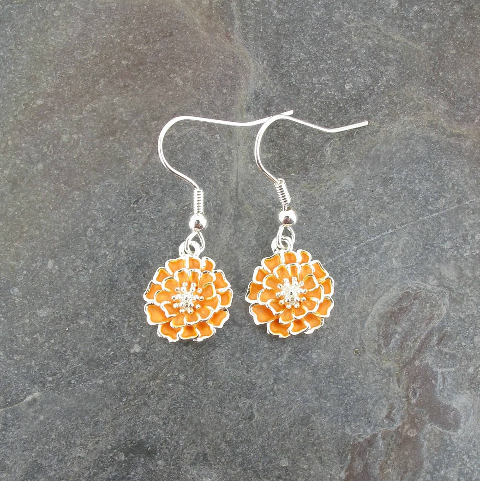Marigold Orange Flower Drop Hook Earrings