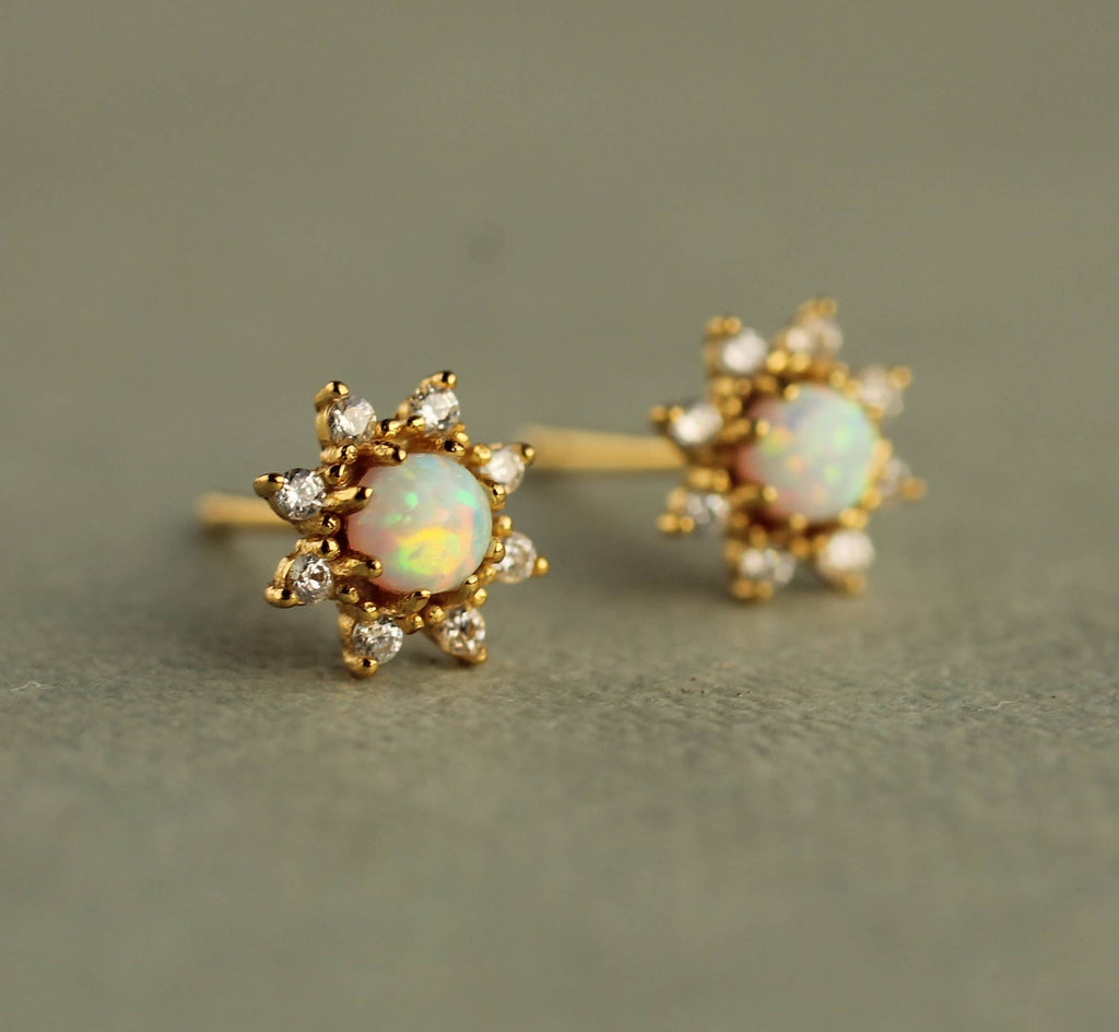 Opal Flower Stud Earrings : Olive Green Linen Presentation Card
