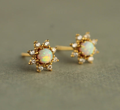 Opal Flower Stud Earrings : Olive Green Linen Presentation Card