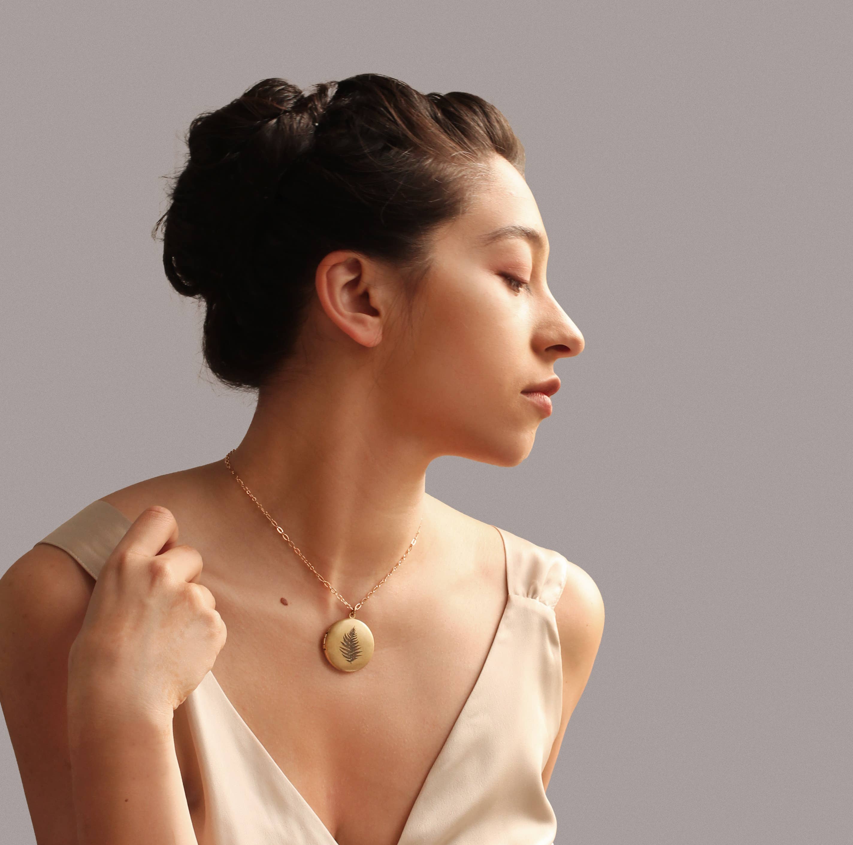 Engraved Botanical Gold Brass Locket : 18"