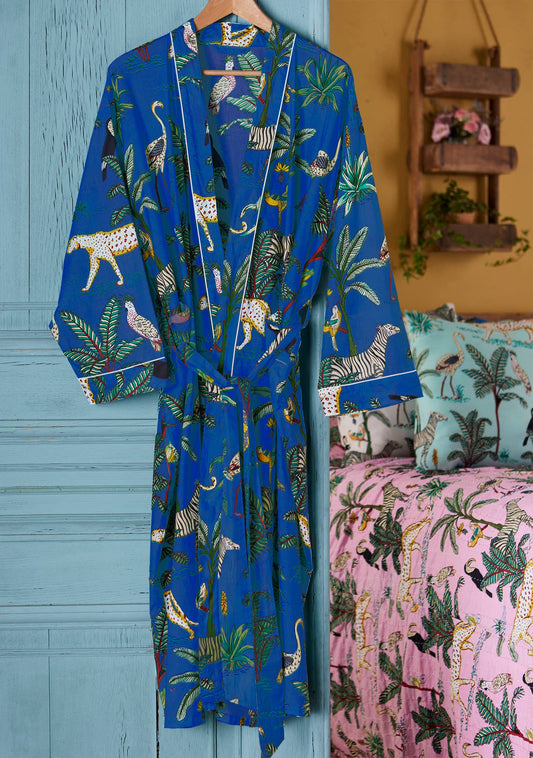 Jungle Print Dressing Gown - Blue: Small/Medium(SM)