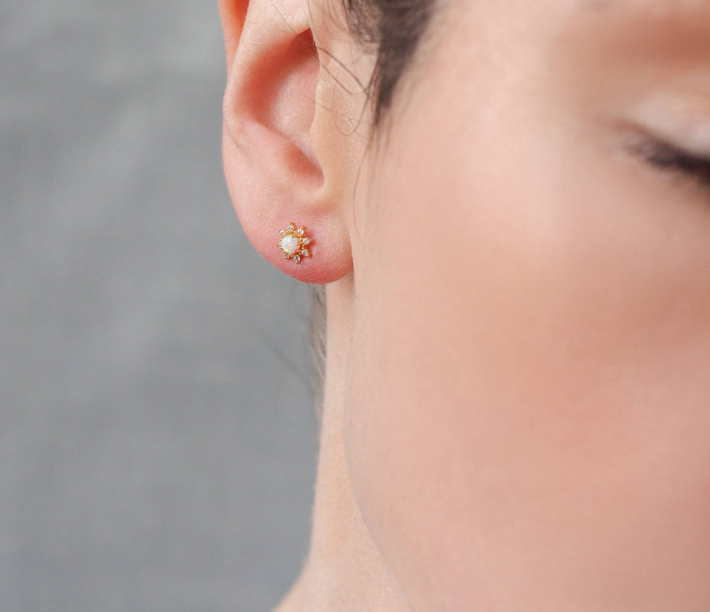 Opal Flower Stud Earrings : Olive Green Linen Presentation Card