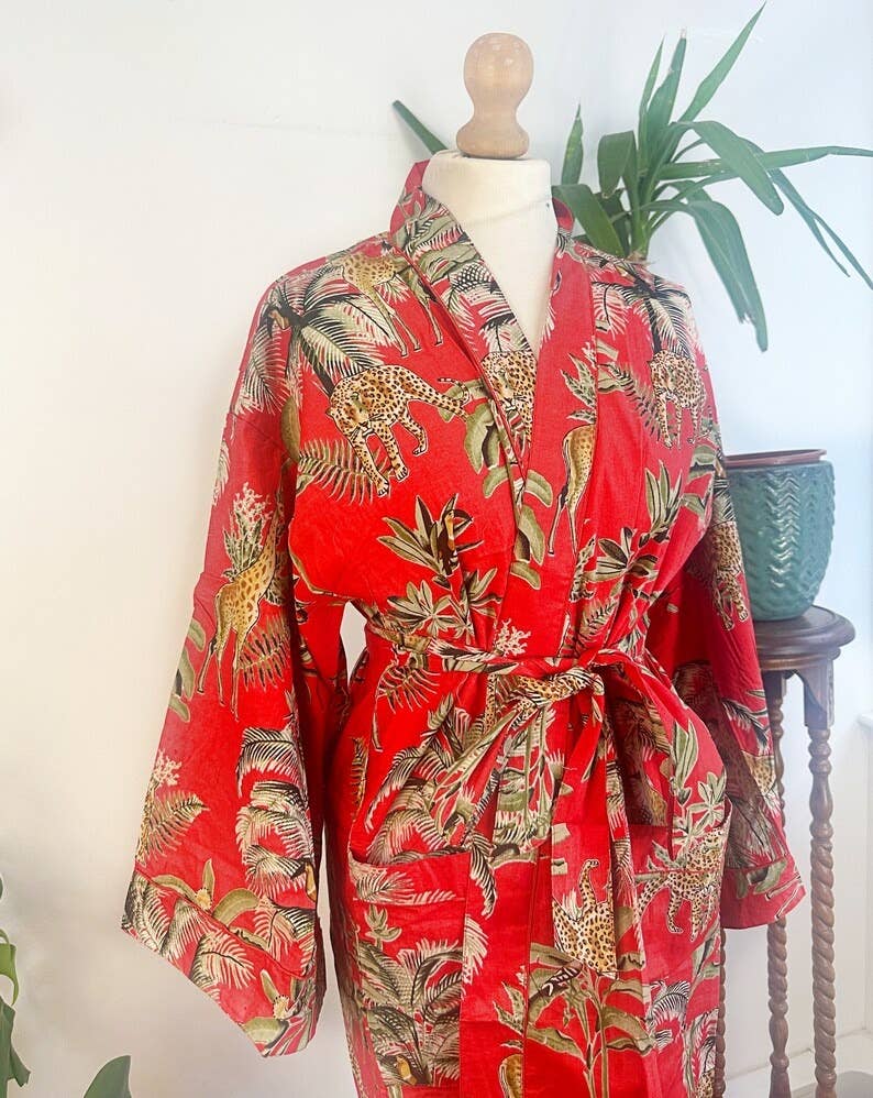 Pure Cotton Indian Blockprint House Robe Summer Dressing Kimono Gown Coverup/Comfy Maternity Royal Red Leopard Jungle Giraffe Animal Party