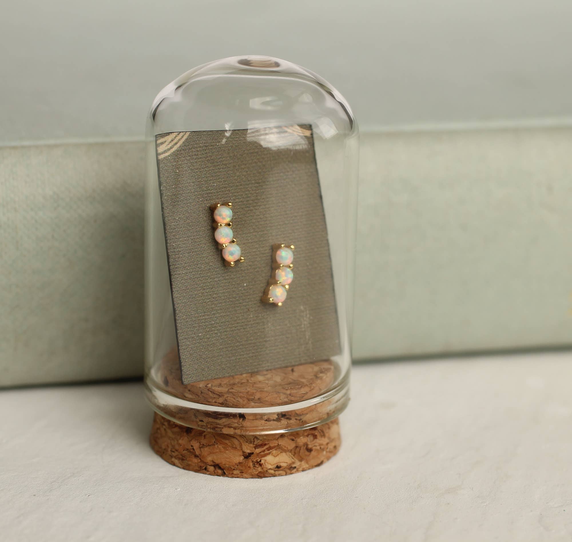 Stacked Opal Stud Earrings : Olive Green Linen Presentation Card