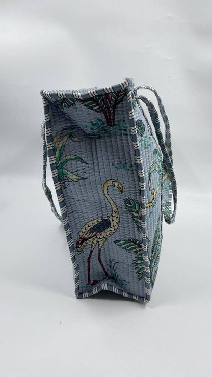 Animal Print Cotton Kantha Quilted Boho Tote Bag with Zip