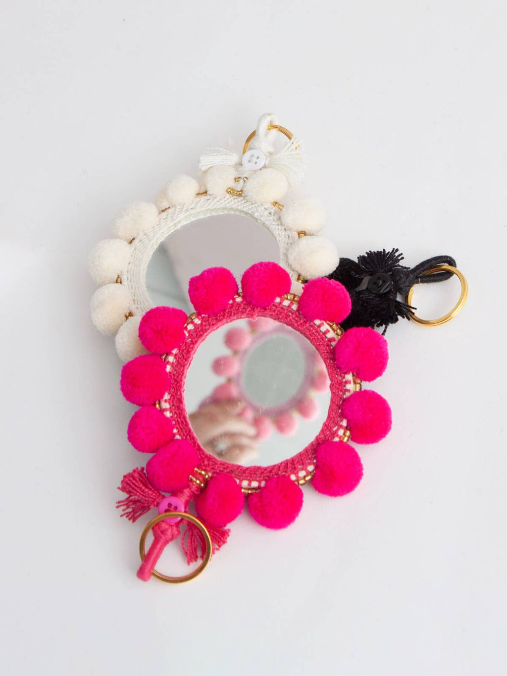 Super Pom Pom Mirror Keyrings, Large: Cream