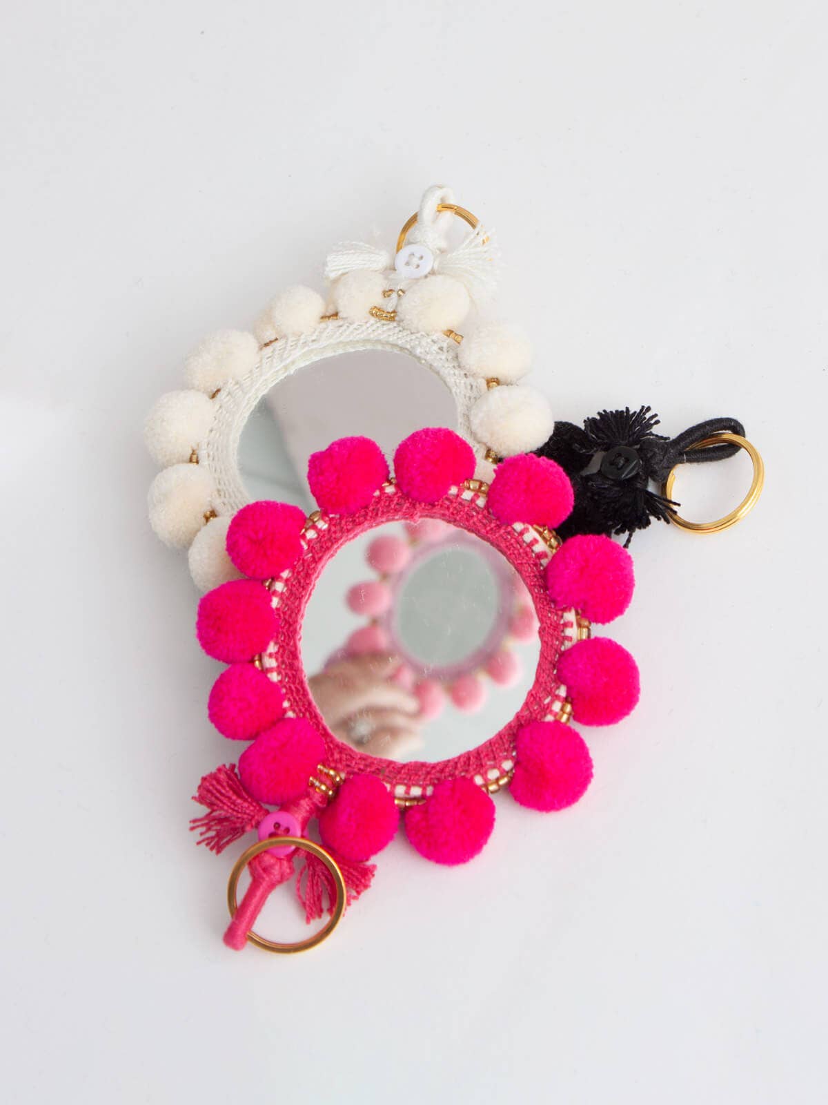 Super Pom Pom Mirror Keyrings, Large: Cream
