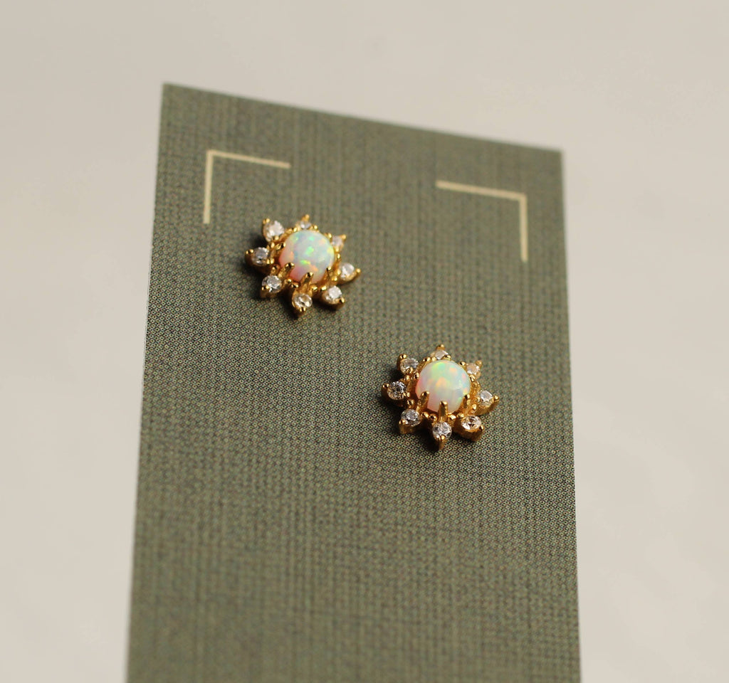 Opal Flower Stud Earrings : Olive Green Linen Presentation Card