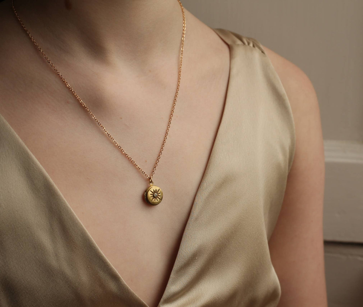 Tiny Compass Star Locket: 18"